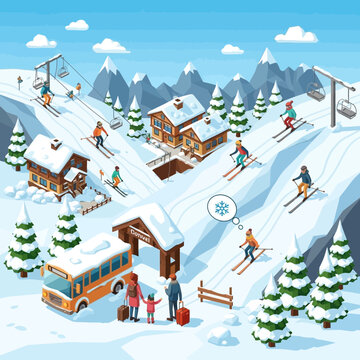 Ski resort village with skiers, cable cars, and tourists arriving by bus
