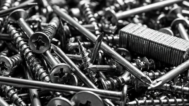 A close-up shot of assorted metallic fasteners in monochrome.