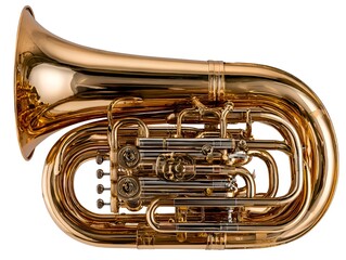 A shiny brass sousaphone with detailed valves and tubing curves isolated on white, ready for a marching band or musical performance today.