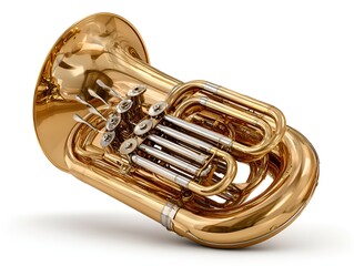 The gleaming golden tuba, a large brass instrument with intricate tubing and valves, rests elegantly on a clean, bright white background stage.