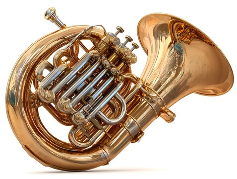 A shiny gold and silver mellophone rests on a white surface showcasing its intricate valves and curved brass tubing in a studio environment.