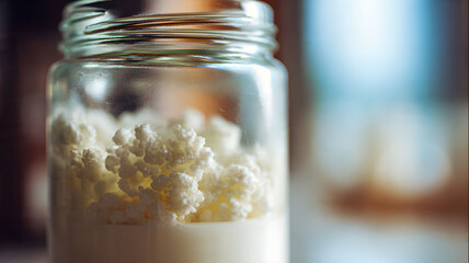 Kefir grains in glass jar, fermentation process