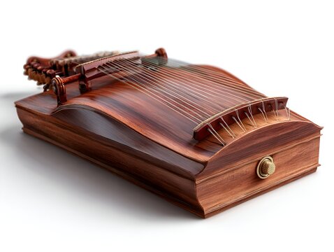 A richly grained wooden dulcimer instrument with multiple sts displayed on a clean white backdrop ready for a musical performance event.