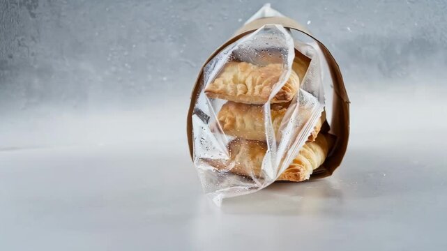 Medium shot of hybrid ecofriendly pastry packaging combining paper and compostable film layers emphasizing sustainable innovation in frozen food preservation.