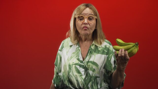 Woman holding a small bunch of bananas in her right hand, purses lips and looks at camera wearing green leaf shirt in studio with red backdrop; playful curiosity.
