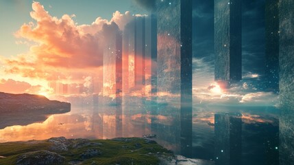 Obraz premium A surreal sunset over a mirrored futuristic city