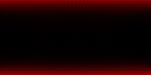 Futuristic perspective grid box. Abstract wireframe with white grid line on black background. Virtual reality landscape in 80s 90s digital style. Vector illustration.
