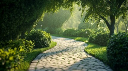 Naklejka premium A winding stone path through a lush green garden, sun filtering through the trees