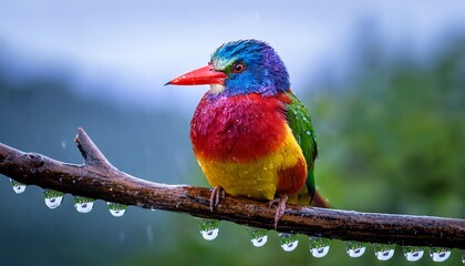 A Colorful Bird Perched On A Branch Covered In Droplets