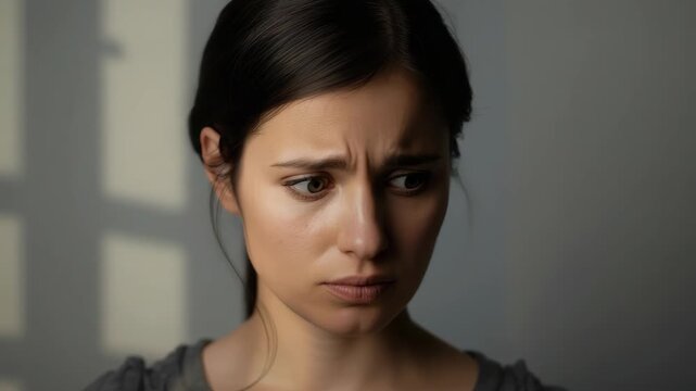 Young woman worried portrait with concerned facial expression soft window light, emotional neutral