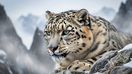 Snow leopard resting on rocky outcrop in snowy mountain landscape