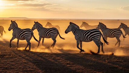 Majestic zebras running freely in savannah at sunset