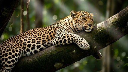 Leopard resting peacefully on tree branch in forest