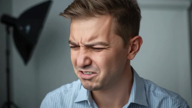 Young man wincing and shouting bright studio lighting portrait expressing discomfort, pain