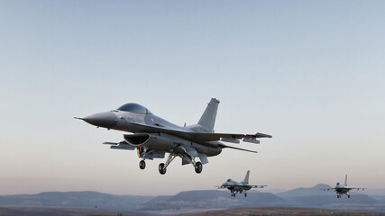 Fighter jet aircraft landing on the runway with mountains background. © DigitalPenTH