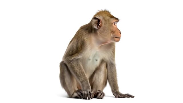 Macaque monkey sitting calmly and looking away, isolated white background, observant animal portrait.