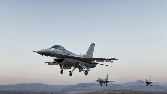 Fighter jet aircraft landing on the runway with mountains background.