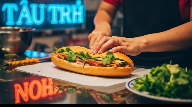 Crafting Authentic Vietnamese Banh Mi Sandwich with Fresh Ingredients.