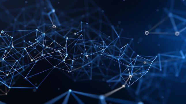 Machine learning network visual background design with abstract connection data line pattern glowing data node and sharp focus depth dark digital