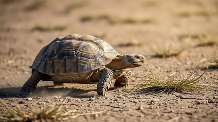 Tortoise walking on dry desert ground with sparse grass