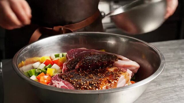 Chef preparing raw beef steaks with vegetables and marinade in a kitchen
