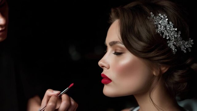 A professional makeup artist applies vibrant red lipstick to a model with an elegant updo and sparkling hair accessory