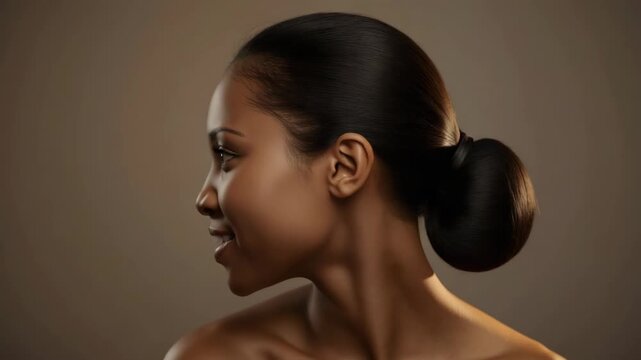 Elegant smiling woman portrait with smooth skin hair pulled back bun warm portrait lighting with