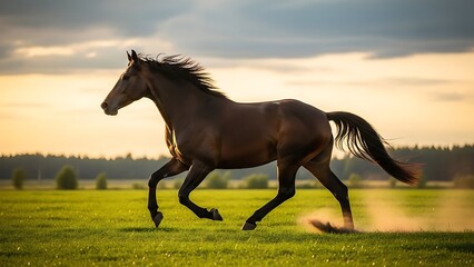 Majestic brown horse running freely in green field at sunset