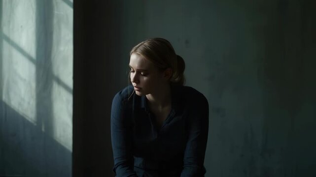 Young woman contemplative portrait by window with moody natural light casting shadow and seated low