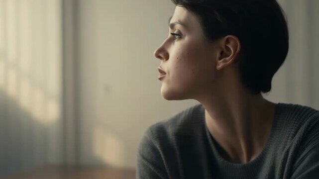 Young woman portrait indoor window light contemplative thoughtful gray sweater touching neck