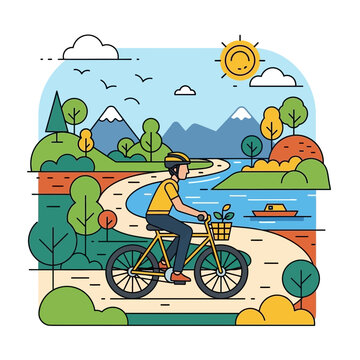 Man cycling on scenic nature path with mountains and river