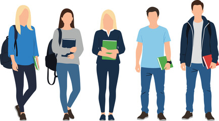 Obraz premium Group of diverse faceless students standing with backpacks and books, modern flat illustration of young people, education and campus lifestyle