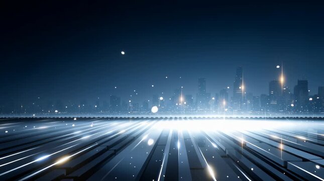 Futuristic machine learning visual background city skyline glowing light beam technology night abstract horizon digital landscape innovation data