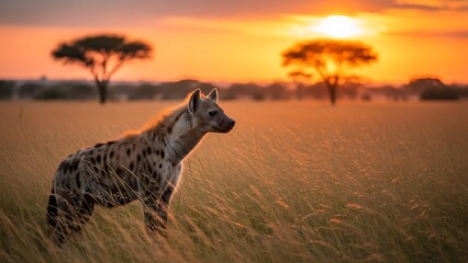 Spotted hyena standing in savannah grasslands at sunset