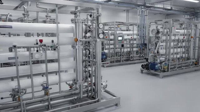 Medium shot of skidmounted reverse osmosis unit integrated into compact facility layout showcasing modular design and highpressure membrane operation for dissolved solid removal.