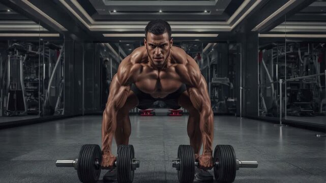 Muscular man deadlift dumbbell gym strength focused determination performing bent over row intense