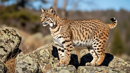 Majestic bobcat standing on rocky outcropping in wild