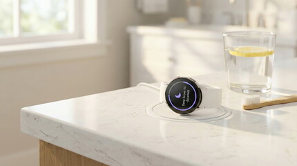 Smartwatch displaying sleep tracking on a bathroom counter with water and bamboo toothbrush, highlighting morning wellness and modern health tech.