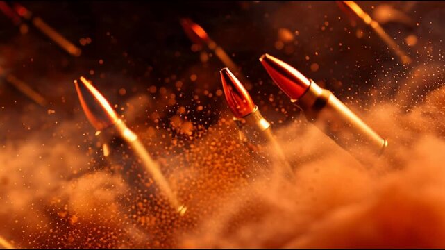 Bullets Firing Through Smoke and Dust in a Chaotic Scene from a Low Angle Perspective