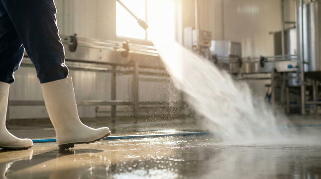 Worker in white boots using a high-pressure washer to clean a spotless factory floor, ensuring hygiene in an industrial food production facility.
