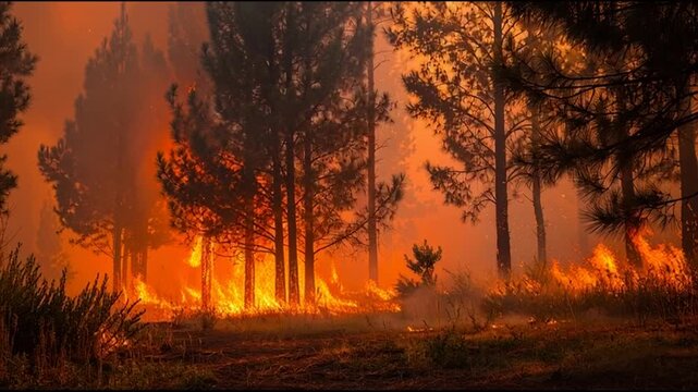 Forest fire raging through trees and dry underbrush in a dense woodland area at dusk from a distant viewpoint