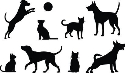 Dog and cat silhouettes vector illustration, playful pet animals in various poses, black isolated canine and feline shapes collection set © SREECHNA