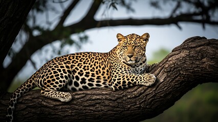 Majestic leopard resting on tree branch in forest
