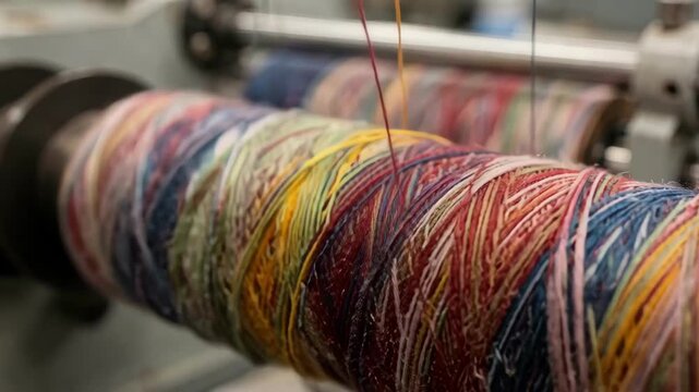 Closeup on yarn cones as fibers are carefully tensioned and rewound ensuring even feed for knitting machines with vibrant multiply blend threads in solid hues.