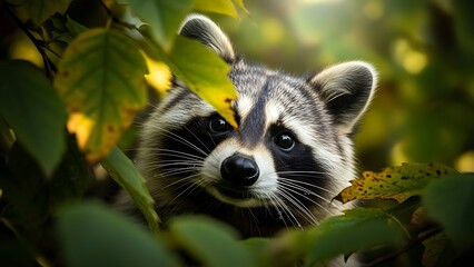 Curious raccoon peeking through lush green leaves in forest