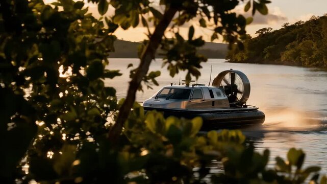 Medium frame of a hovercraft gliding gently over shimmering water during a scenic tour framed by lush greenery and tranquil surroundings.