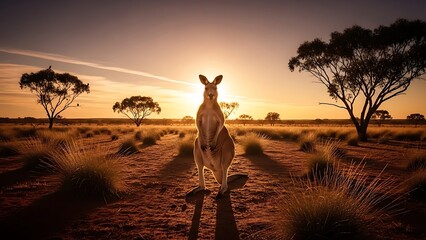 Kangaroo stands tall in Australian outback at sunset