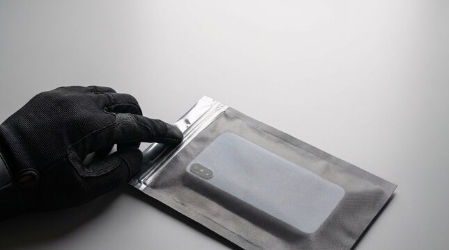 A gloved hand seals a white smartphone inside a metallic signal blocking bag on a white surface.