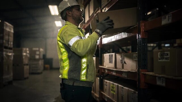 Warehouse employee in a highvisibility accented knit pullover captured midtask emphasizing safety and durability in lowlight industrial environments.
