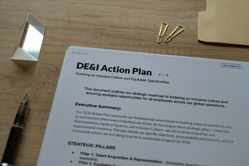 DE&I Action Plan : Realistic mock-up document placed on a clean office desk with a pen.